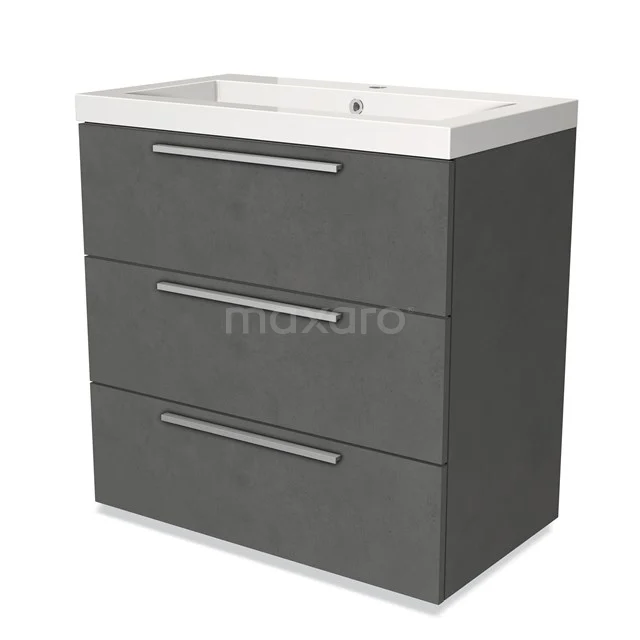 Grey bathroom cabinet with three drawers, white basin and matte finish, ideal for modern bathroom storage solutions.