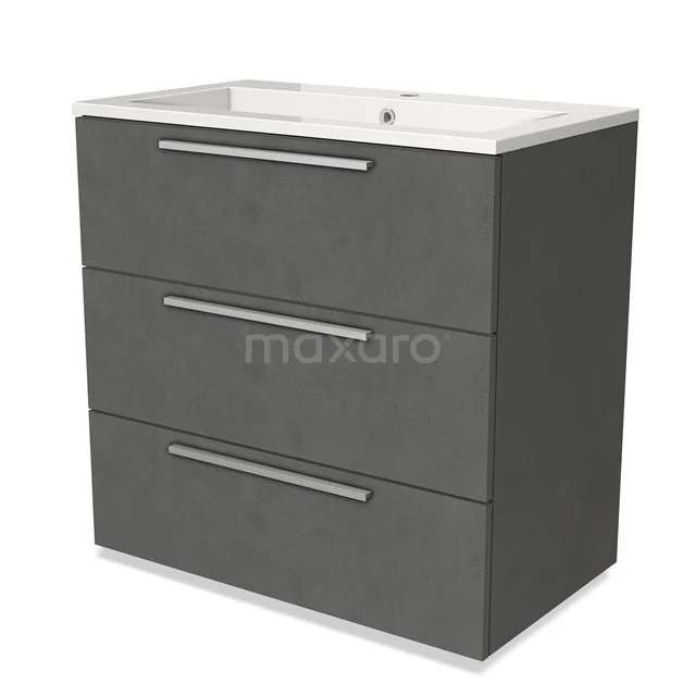 Grijze badkamerkast met drie lades, moderne stijl, met geïntegreerde wastafel en strakke metalen handgrepen.