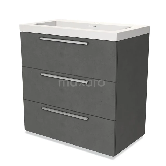Grijze badkamerkast met wastafel, drie lades en een modern design, perfect voor stijlvol opbergen in de badkamer.