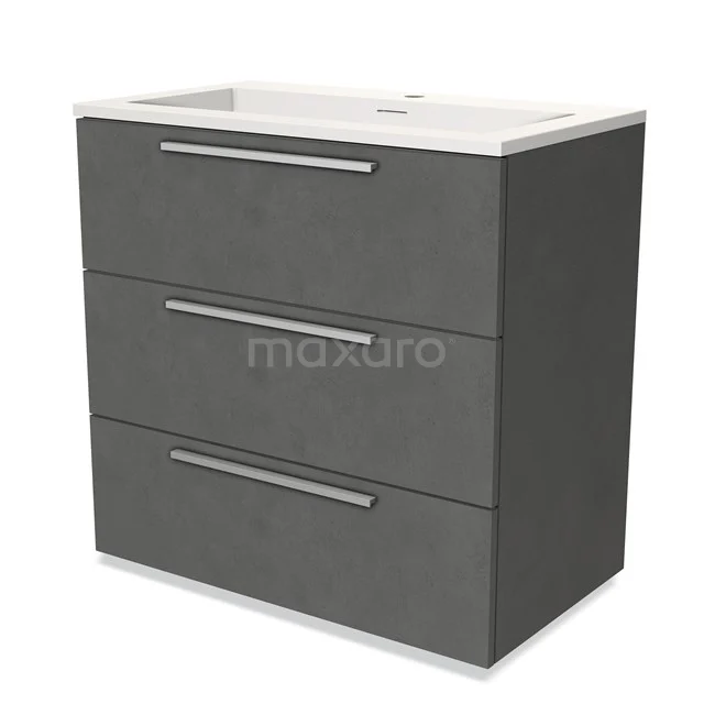 Anthracite-grey bathroom furniture set with three drawers, modern design and ceramic basin worktop, ideal storage space for any bathroom.