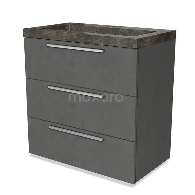 Grijze badkamermeubel met drie lades, betonlook blad en strakke metalen grepen, perfect voor moderne interieurstijlen.