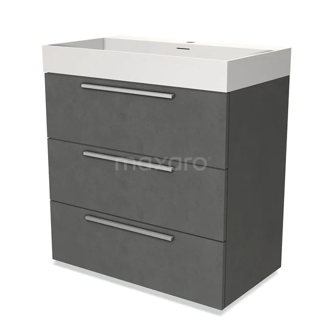 Grey bathroom cabinet with three drawers, A high-gloss finish and integrated white basin for modern bathroom style.