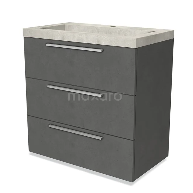 Grijze badkamermeubelset met drie lades, chromen handgrepen en een keramische wastafel, modern design.