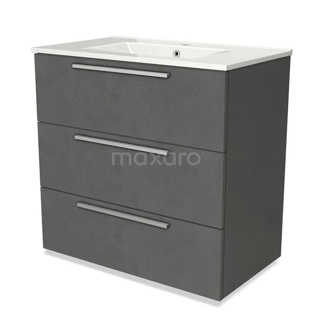 Grijze badkamerkast met drie lades, moderne afwerking en geïntegreerde wastafel van keramiek, ideaal voor compacte badkamers.