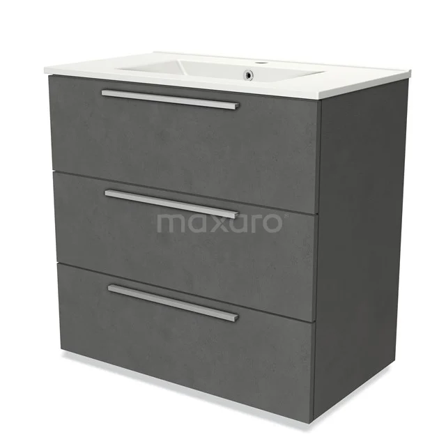 Grijs badkamermeubel met keramische wastafel, drie softclose lades en strak design, ideaal voor moderne badkamers.