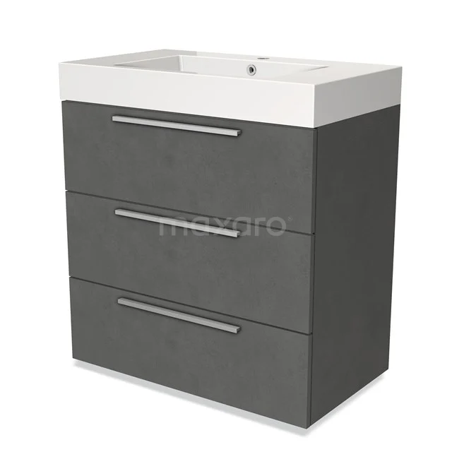 Grey bathroom cabinet with 3 drawers, modern design, white ceramic basin, ideal for stylish bathroom storage.