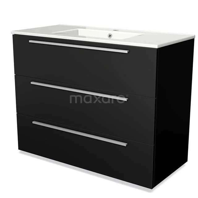Zwart badkamermeubel met witte wastafel, drie lades en strakke metalen handgrepen, ideaal voor moderne badkamer inrichting.