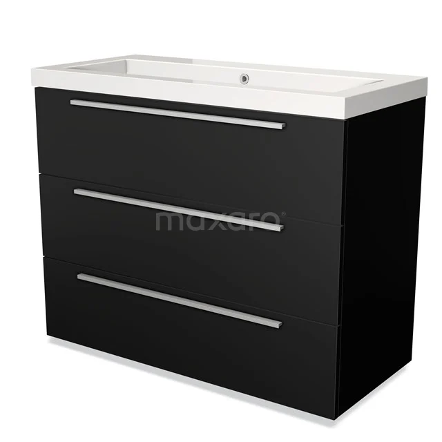 Zwarte badkamermeubel met een witte wasbak, drie lades en moderne aluminium grepen, ideaal voor een stijlvolle badkamer.