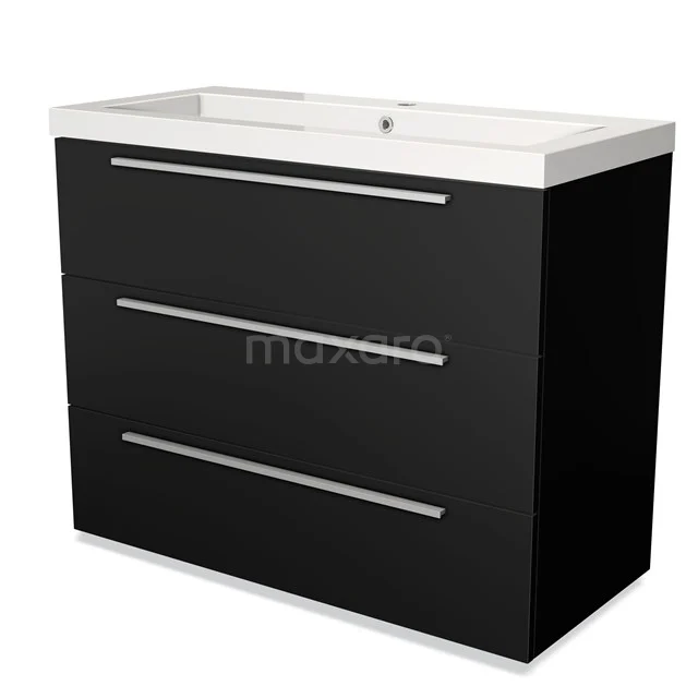 Zwarte badkamerkast met drie lades, geïntegreerde wastafel, strak design en minimalistische handgrepen.