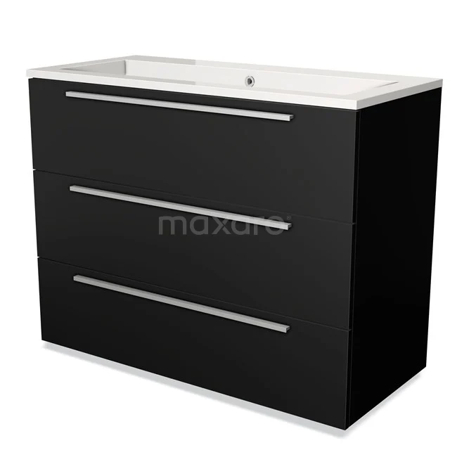 Zwarte badkamermeubelset met dubbele lades, strakke metalen handgrepen en keramische wastafel, ideaal voor moderne badkamers.