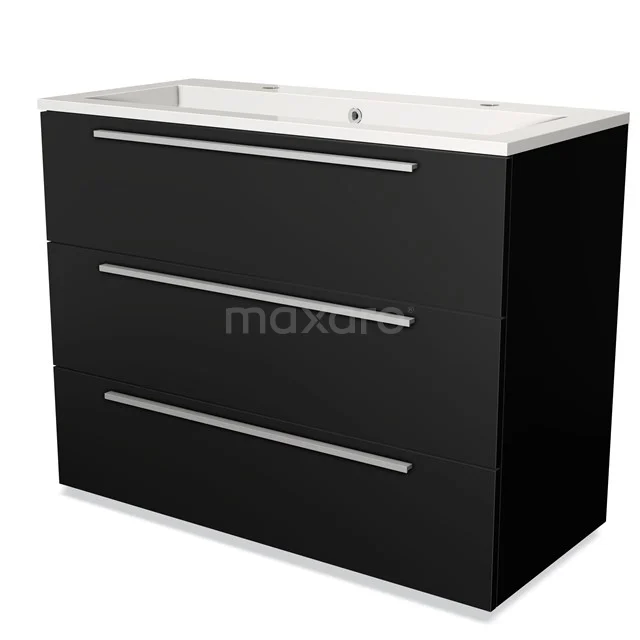 Zwarte wastafelmeubel met 3 lades, strak design, witte keramische wastafel en chromen handgrepen, ideaal voor moderne badkamers.