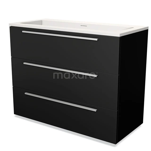 Zwarte badkamerkast met drie lades, witte wastafel en strak design, ideaal voor moderne badkameropslag.