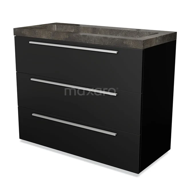 Zwarte badkamermeubel met drie lades en een donkersteen wastafelblad, modern design en strak afgewerkt.