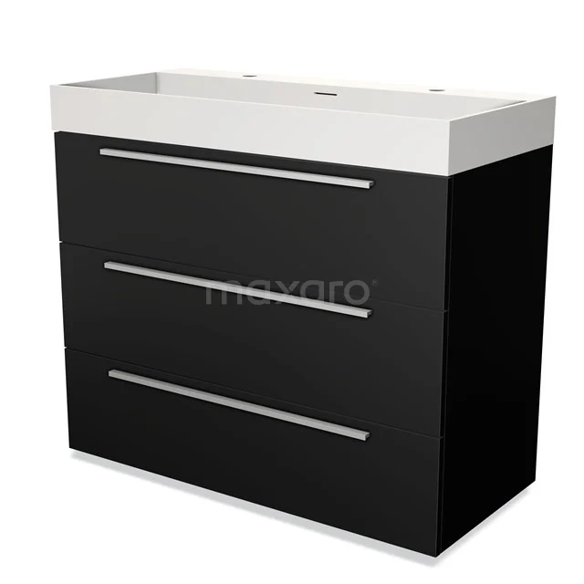 Zwart badkamermeubel met witte wastafel, strak design en drie lades, ideaal voor moderne badkamers.