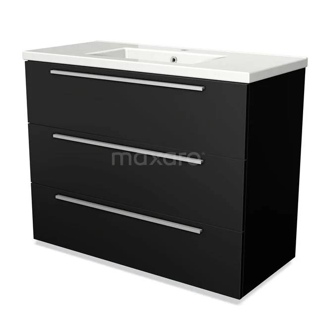 Black bathroom unit with three drawers and ceramic basin, sleek design and modern look.