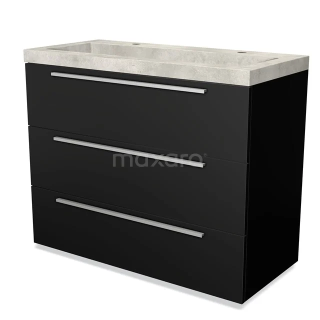 Zwarte badkamerkast met drie lades en een betonnen wastafelblad, modern design en strak afgewerkt voor een stijlvolle badkamer.