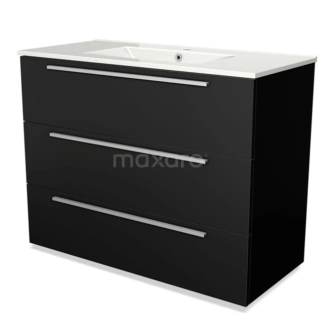 Zwarte badkamerkast met witte wastafel, strak design, drie lades, ideaal voor moderne badkamers.