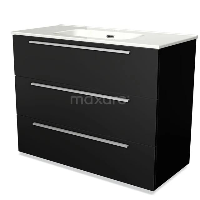 Zwarte houten badkamermeubel met drie lades, strakke chroomgrepen en een witte wastafel, modern design.