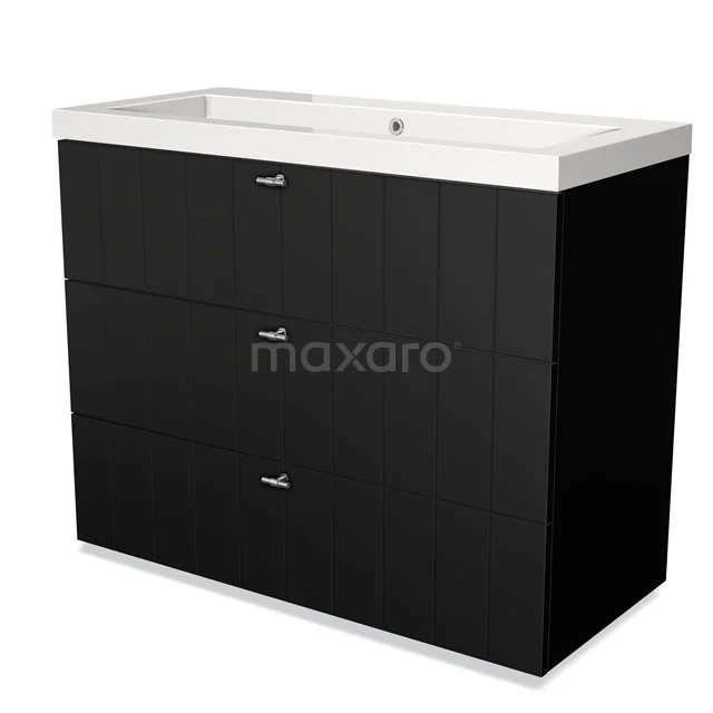 Modulo Badkamermeubel met wastafel | 100 cm Mat zwart Lamel front Mineraalmarmer 3 lades BMW19-00534