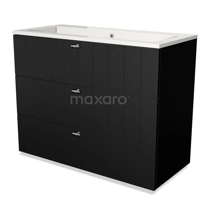 Modulo Badkamermeubel met wastafel | 100 cm Mat zwart Lamel front Mineraalmarmer 3 lades BMW19-00537