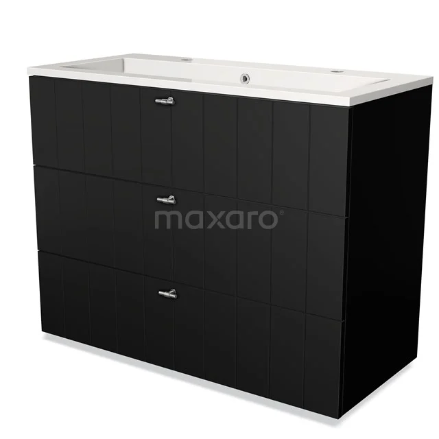 Black bathroom cabinet with integrated basin, three drawers and a modern finish, ideal for stylish bathroom storage.