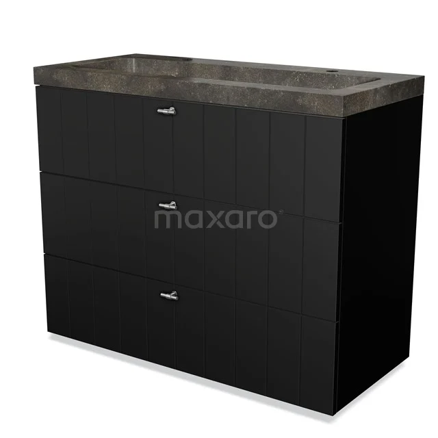 Black vanity unit with a dark grey stone worktop, three drawers and contemporary design, perfect for a modern bathroom.
