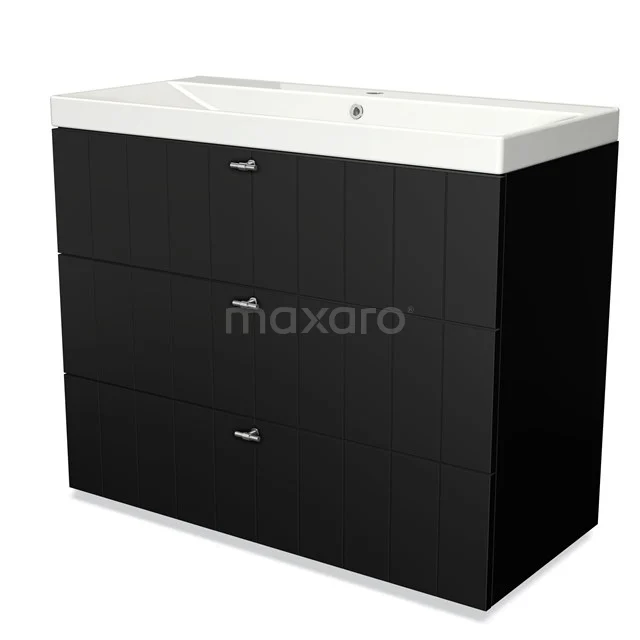 Black bathroom furniture set with three drawers, white ceramic basin and modern handles, perfect for a stylish bathroom.