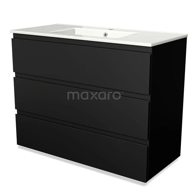 Black bathroom unit with three drawers, combined with a white ceramic basin, modern and stylish design.