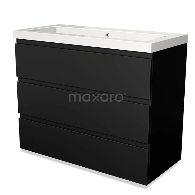 Black wooden bathroom unit with basin, sleek design with three drawers, ideal for modern bathrooms.