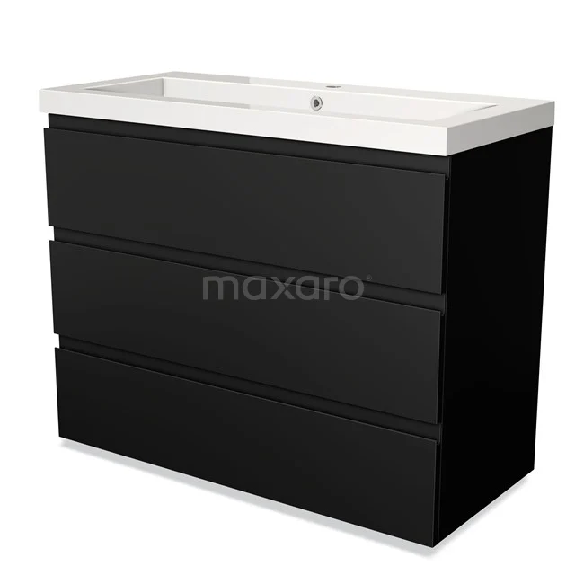 Black bathroom cabinet with 3 drawers and integrated basin, modern minimalist style, durable materials.