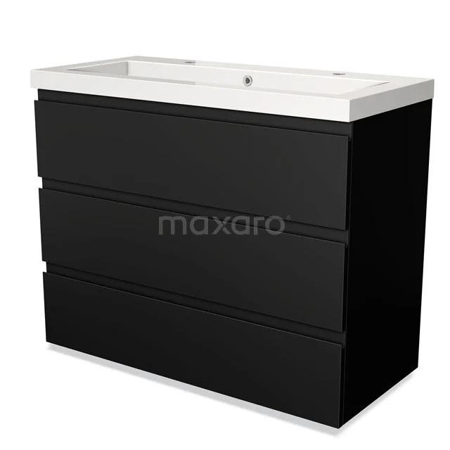 Schwarzer Badschrank mit drei Schubladen und weißem keramischen Waschbecken, modernes Design und sauber verarbeitet.