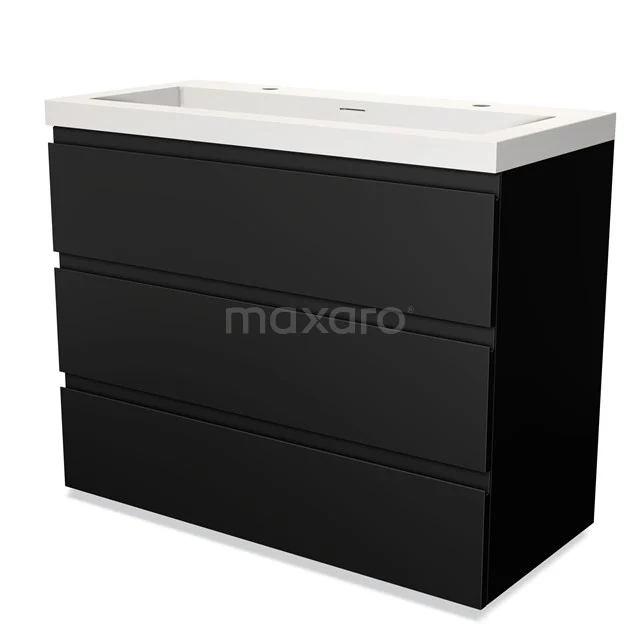 Black bathroom cabinet with white basin, modern look, 3 drawers, ideal for stylish bathroom storage.