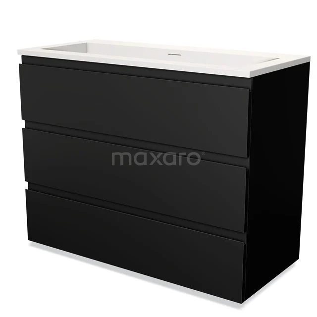 Black bathroom unit with three drawers and white vanity units with basin, sleek and modern design made of high-quality materials.