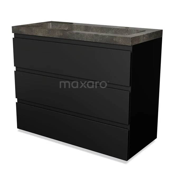 Black vanity unit with concrete worktop, sleek design and three spacious drawers, ideal for a modern bathroom.
