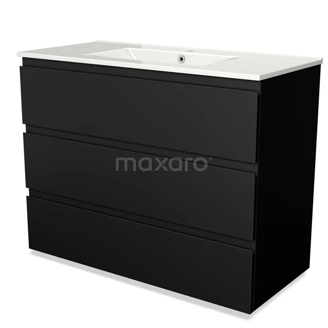 Black bathroom furniture set with three drawers, matte finish and integrated basin, ideal for modern bathrooms.