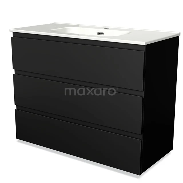 Matte black Bathroom unit with three drawers and white basin, modern design, ideal for stylish storage in the bathroom.