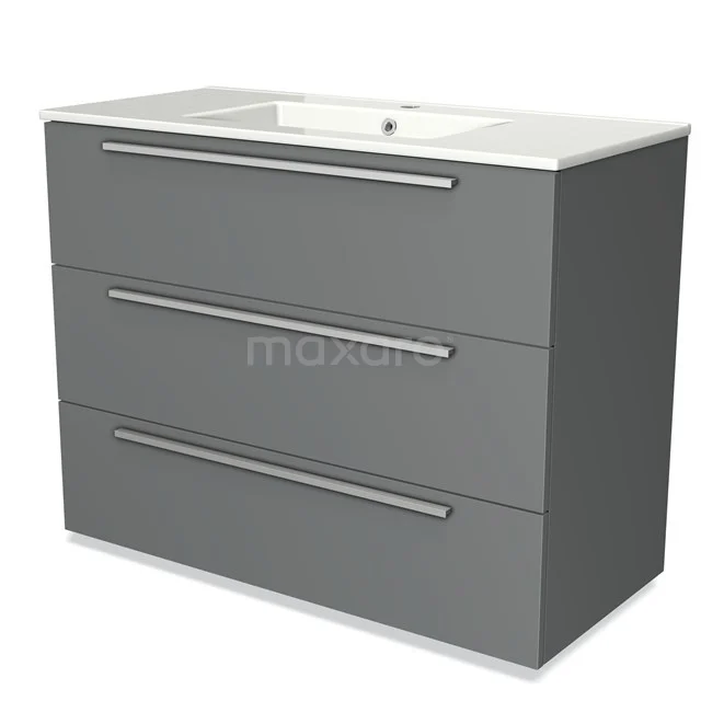 Grey bathroom furniture set with three drawers and an integrated basin, modern design, perfect for bathroom storage.