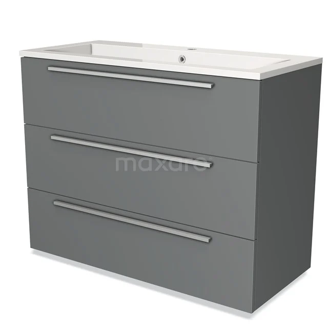 Grijze badkamermeubelset met drie lades, strakke metalen handgrepen en keramische wastafel, ideaal voor moderne badkamers.