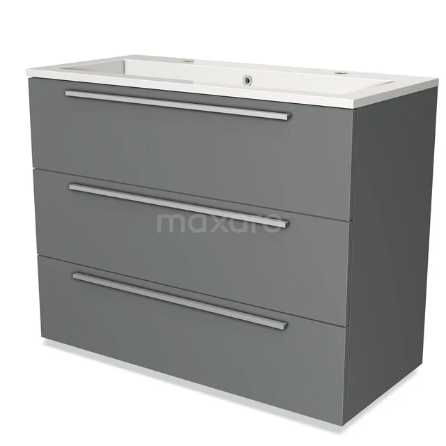 Grijze badkamermeubel met drie lades, strak design en ingebouwde witte wastafel, ideaal voor moderne badkamers.
