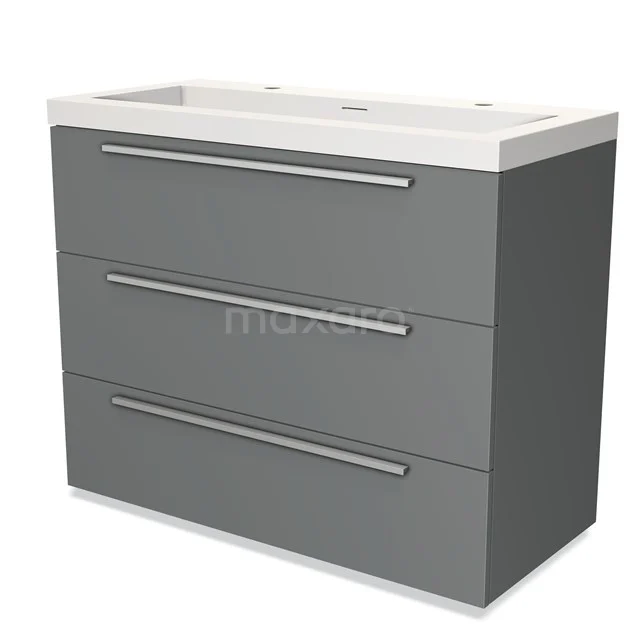 Grijze badkamermeubelset met drie lades en een witte keramische wastafel, modern design voor een stijlvolle badkamer.
