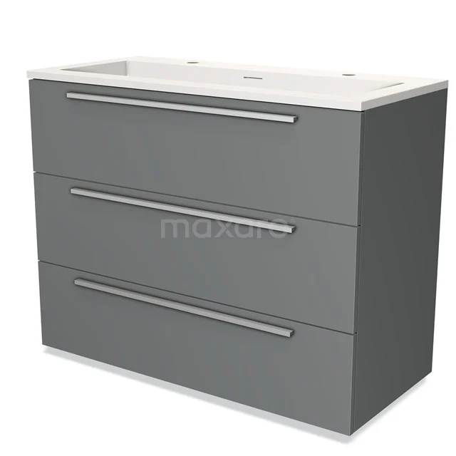 Grijze badkamermeubelset met drie lades en metalen handgrepen, keramische wastafel en strak modern design.