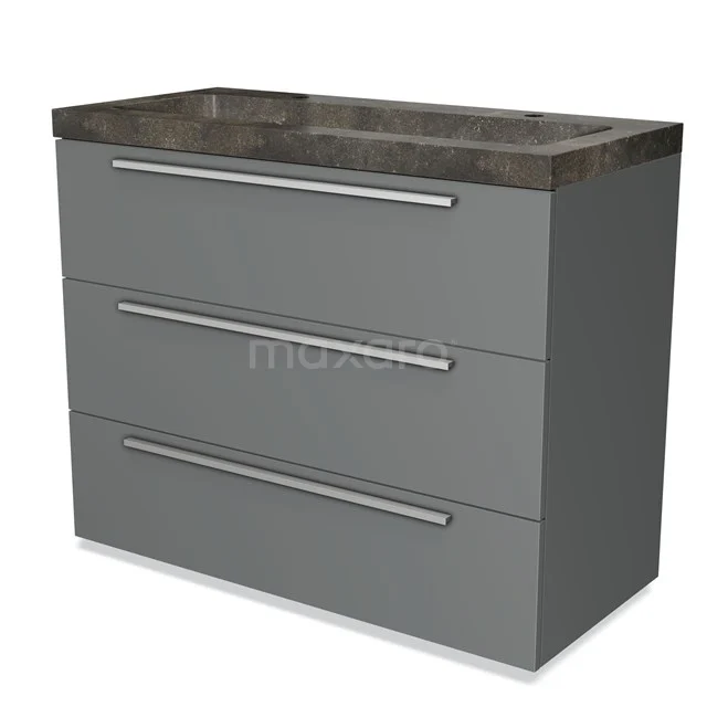 Grijze badkamermeubelset met drie lades, metalen handgrepen en een donker marmeren wastafelblad voor een moderne uitstraling.