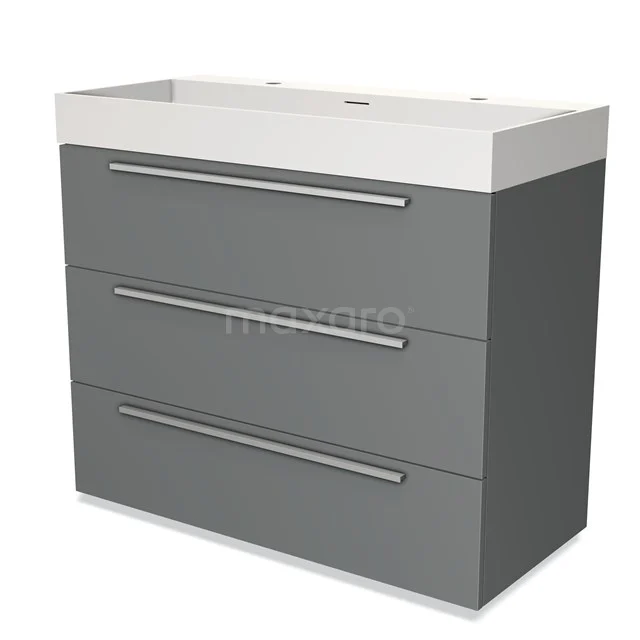 Grijze ladekast met drie lades en witte wastafel, perfect als modern badkamermeubel van hoogwaardig materiaal.