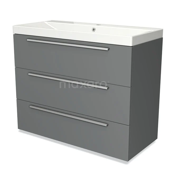Grijze badkamerkast met drie lades, geïntegreerde witte wastafel, modern design, ideaal voor badkameropbergruimte.