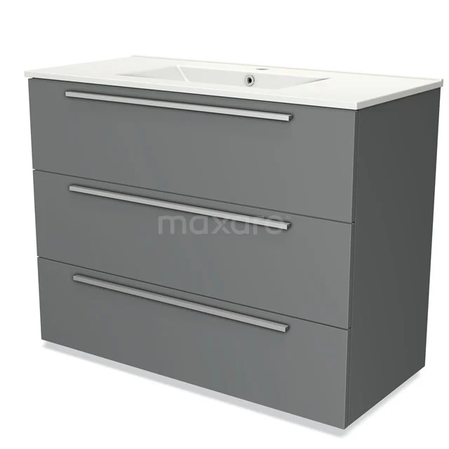 Grijze badkamermeubel met drie lades, strak design en geïntegreerde wastafel van wit keramiek, ideaal voor moderne badkamers.