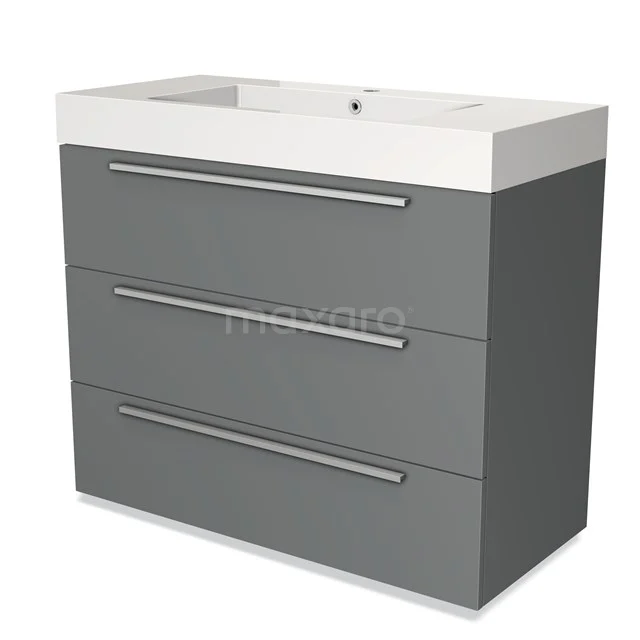 Grijze badkamermeubelset met drie lades, witte wasbak en metalen grepen, ideaal voor moderne badkamers.