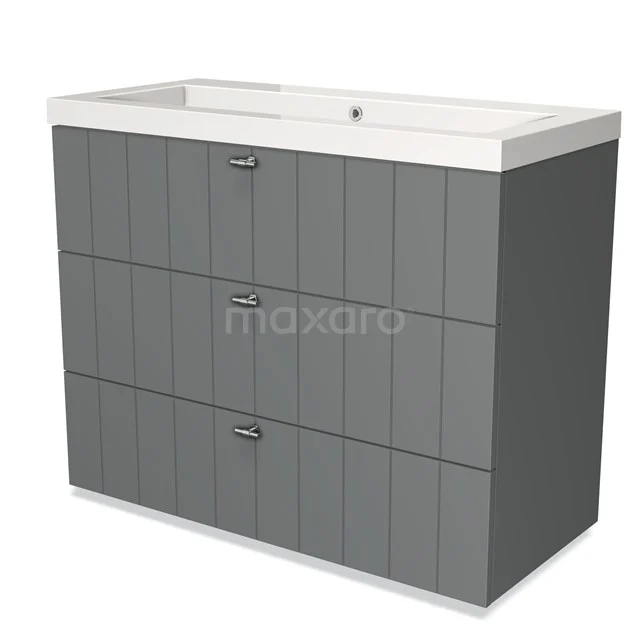 Grijze badkamerkast met strakke lijnen, drie lades en witte wastafel, ideaal voor moderne badkameropslag.