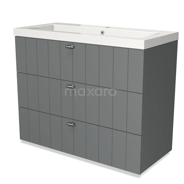 Grijze badmeubelset met drie lades, verticale lijnen, en een wit boventablet, perfect voor moderne badkamerinrichting.