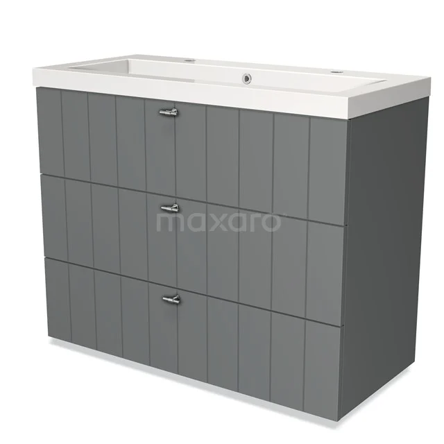 Grijze badkamermeubelset met verticale lijnen, drie lades en witte wasbak, modern design voor stijlvolle badkamers.