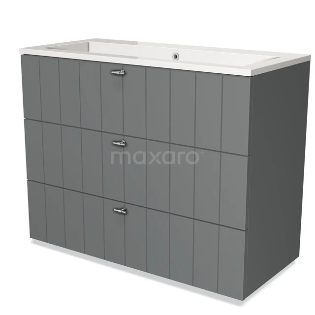 Grijze badkamermeubel met drie softclose lades, verticale lijnenpatroon en keramische wastafel; modern en stijlvol ontwerp.